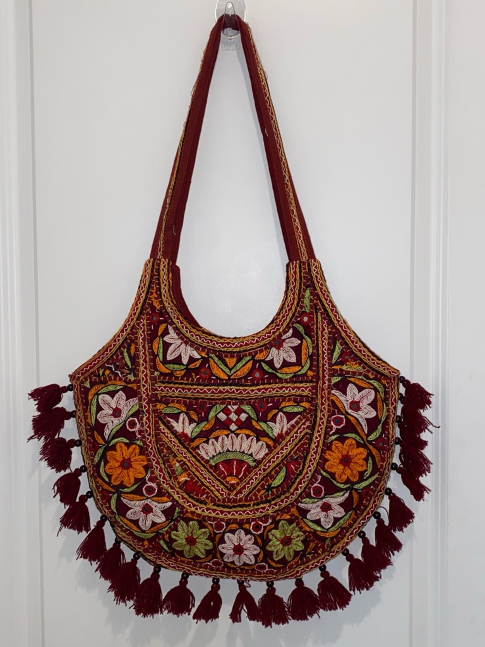 Boho Embroidered Maroon Floral Shoulder Bag